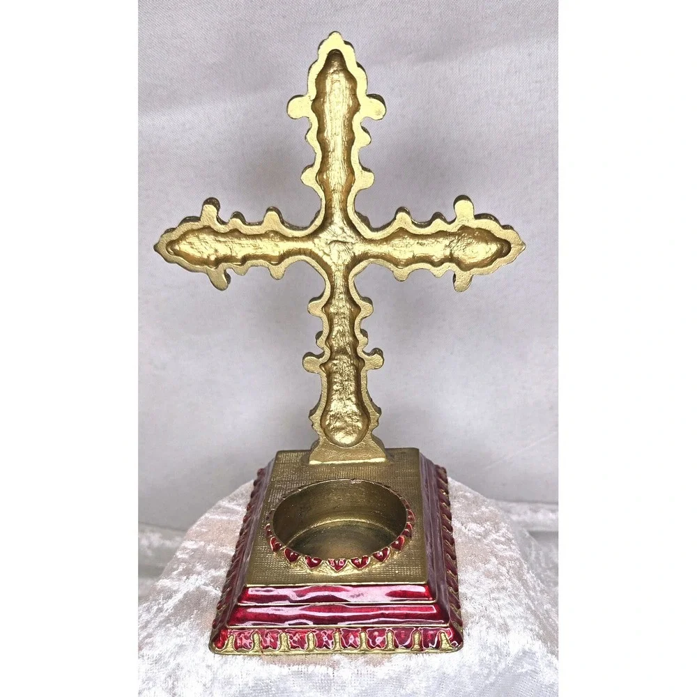 Red And Gold Rhinestone Handcrafted Cross, Tea-light Holder Stunning 5 1/2